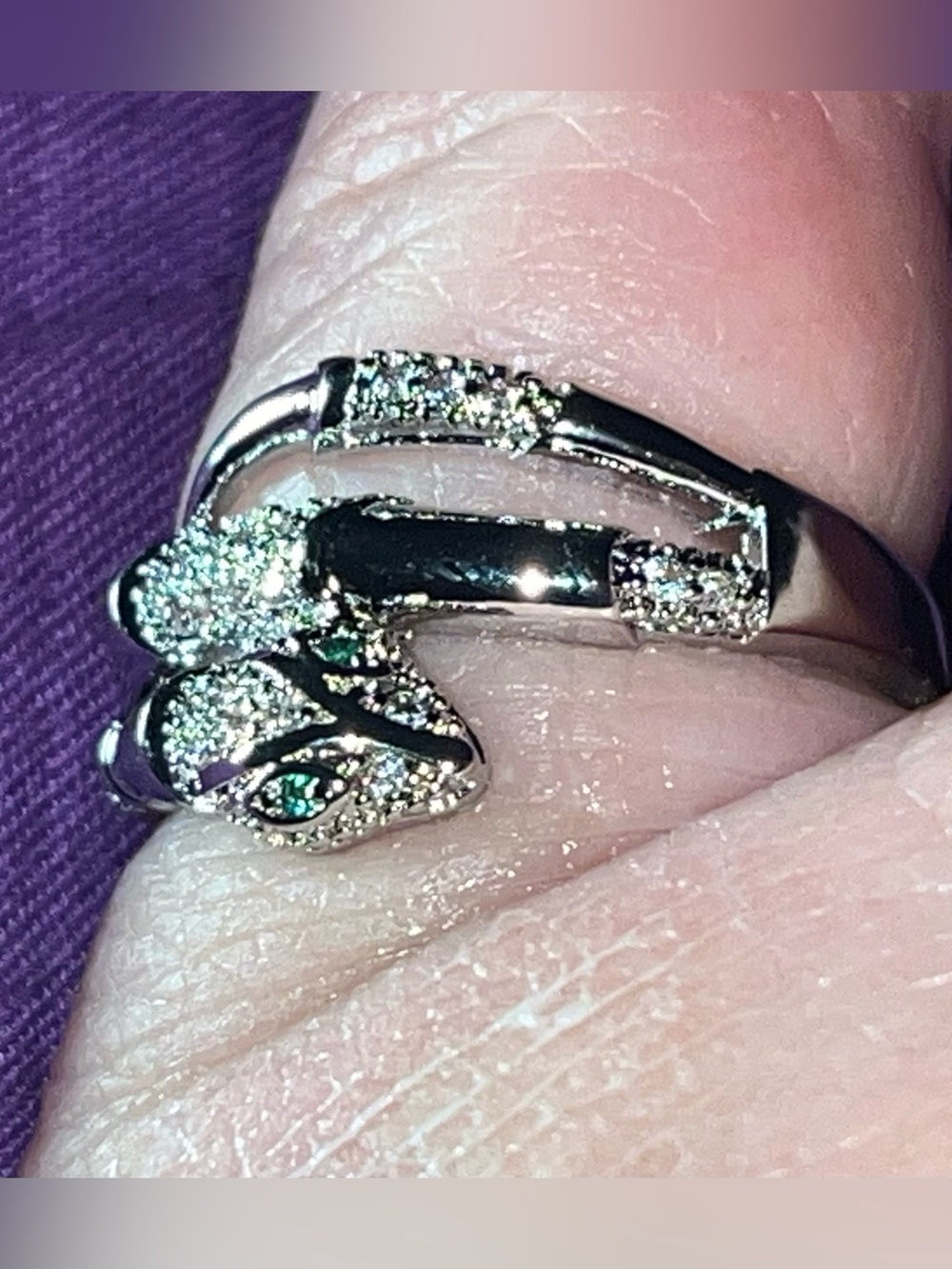 Silver Tone Pave Snake Ring with Green Crystal Eyes